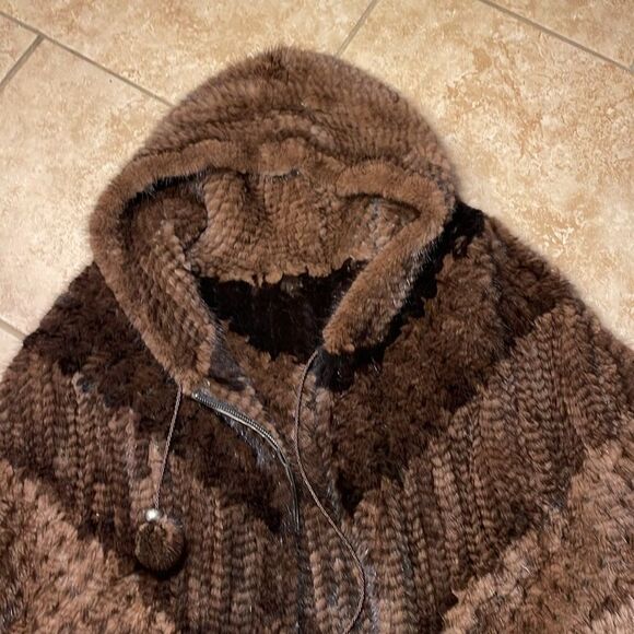Ombré brown knitted hooded mink poncho (REAL FUR) - Picture 2 of 5